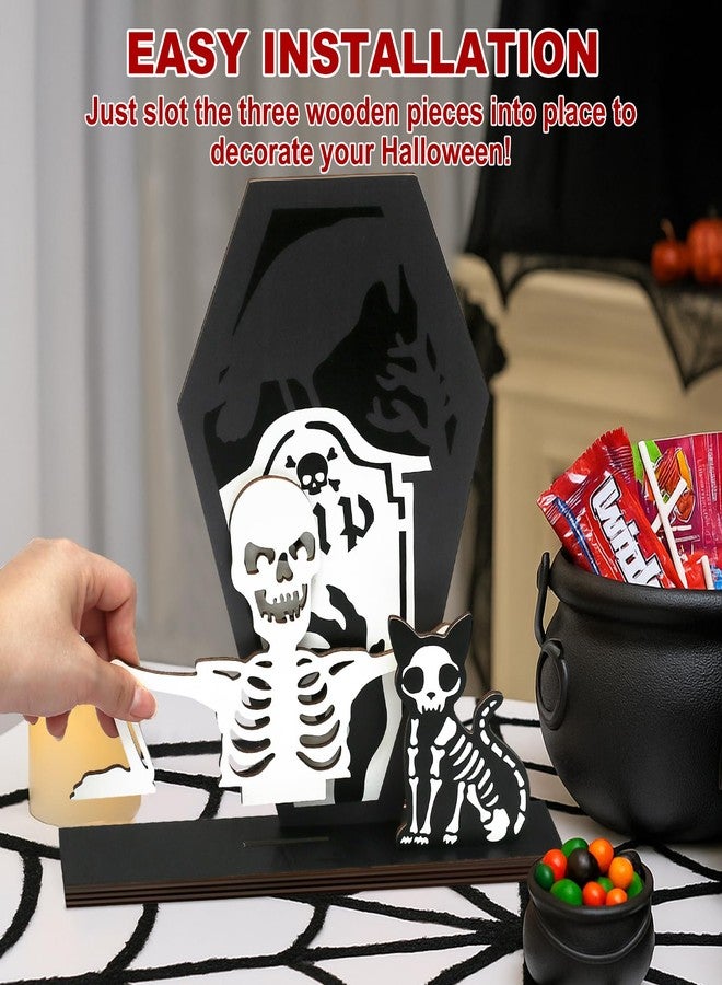 PARTYLOUD Halloween Decorations Indoor, Wooden Black Cat Skeletons Halloween Centerpieces for Tables, Table Decor for Home Bedroom Office - Image 2